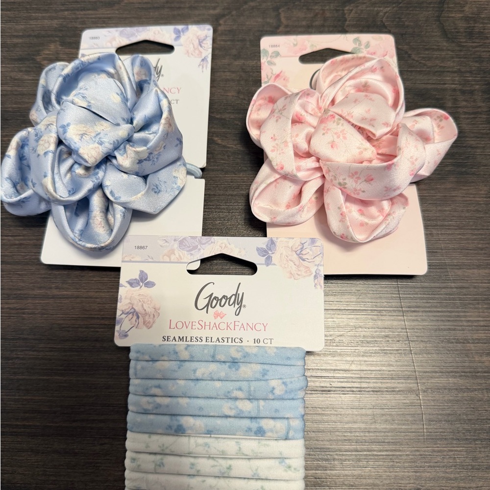 LoveShackFancy Pink & Light Blue Satin Flower Elastics & Blue Seamless Elastics